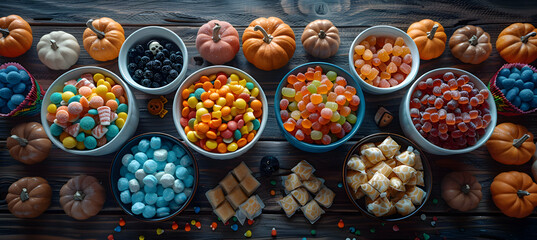 Wall Mural - A child's Halloween candy haul spread out on a table, with a mix of treats and wrappers