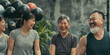 © sam - Fitness, laughing and friends at the gym for training, Asian seniors pilates class for active retirement lifestyle. exercise in a group for a workout, cardio or yoga in a studio