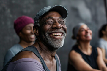 Wall Mural - Fitness, laughing and friends at the gym for training, black seniors pilates class for active retirement lifestyle. exercise in a group for a workout, cardio or yoga in a studio 