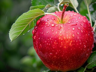 Wall Mural - Ripe red apple with water droplets