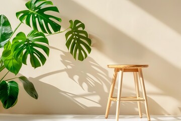 Wall Mural - Serene sunlight casting shadows of monstera leaves on a minimalist interior wall