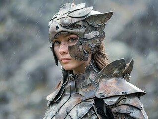 Canvas Print - Warrior woman in futuristic armor standing in the rain