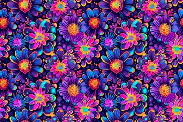 Poster - Vibrant neon floral pattern with colorful flowers on a dark background. Seamless design ideal for lively decor, fashion, and creative projects.