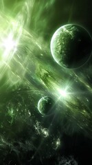 Wall Mural - mysterious green nebula with radiant planets in deep space