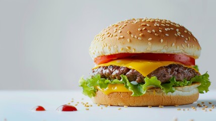 Wall Mural - Delicious cheeseburger with sesame seed bun