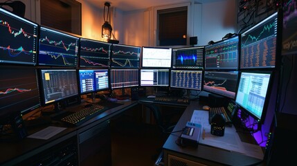 Aufkleber - Trader's desk with multiple monitors showing real-time financial charts and news updates.