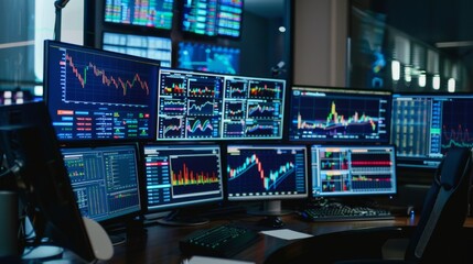 Poster - Trader's desk with multiple monitors showing real-time financial charts and news updates.
