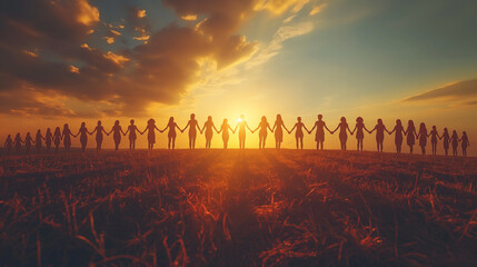 Silhouette of a group of happy people holding hands  at sunset. The concept of mutual assistance and support in people