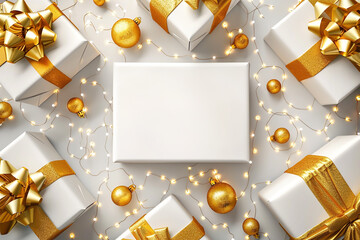 Wall Mural - White gift boxes with golden bows on white background