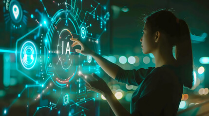 businesswoman clicking ia hologram on display. business office center with artificial intelligence. 