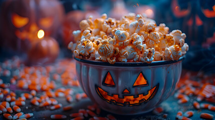 Wall Mural - A close-up of a Halloween-themed popcorn bowl with movie snacks