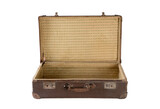 Fototapeta  - Old open brown worn out empty suitcase isolated on white background with clipping path