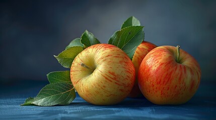 Wall Mural - Ripe apples with green leaves on a dark background