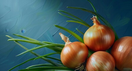 Canvas Print - Closeup of fresh onions with green leaves