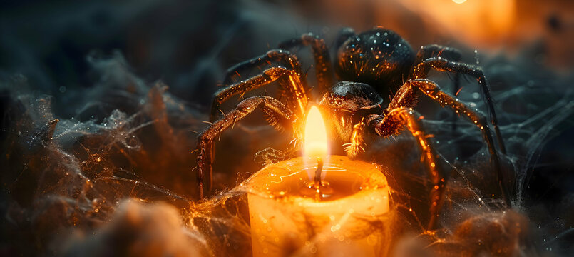 A close-up of a Halloween cobweb decoration with a spider illuminated by a candle