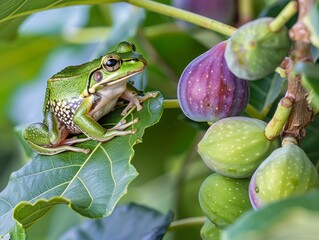 Sticker - Vibrant green tree frog perched on leaf with figs