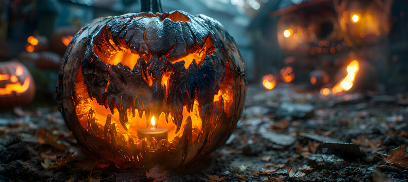 A close-up of a Halloween jack-o'-lantern's glowing interior