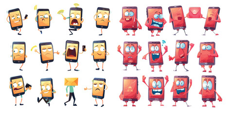 Poster - Cartoon mascot phone. Cartoon mascot phone with hand and leg. Animated mobile phone poses with hand and leg.