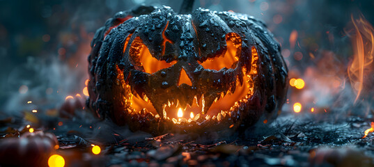 Wall Mural - A close-up of a Halloween pumpkin's eerie face, illuminated by a candle inside