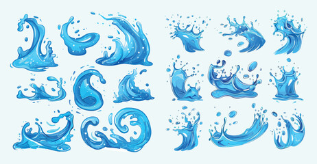 Poster - Blue splashes on blue water droplets, puddles, waves, nature objects. Clean aqua motion concept.