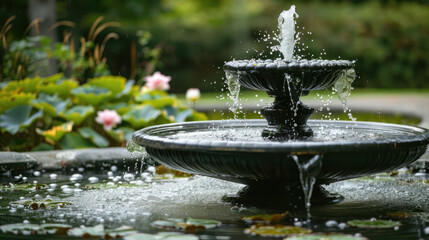 Detail of an old classic style stone fountain with flowing water.