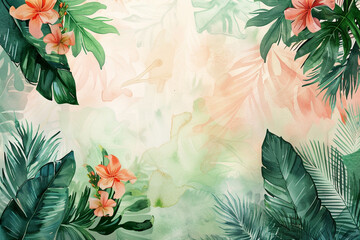 Wall Mural - tropical watercolor background with leaves and flowers floral prints 