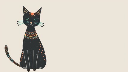  Elegant Black Folk Art Cat Illustration with Decorative Patterns