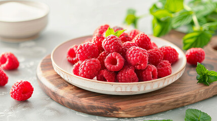 Wall Mural - Juicy raspberries in a bowl on a wooden kitchen board