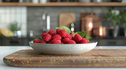 Wall Mural - Juicy raspberries in a bowl on a wooden kitchen board