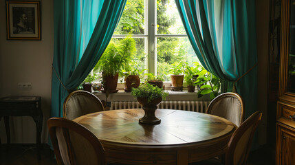 Wall Mural - Cozy room with table and chairs by the window with green curtains