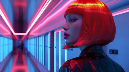 woman with red bob hairstyle in a futuristic setting