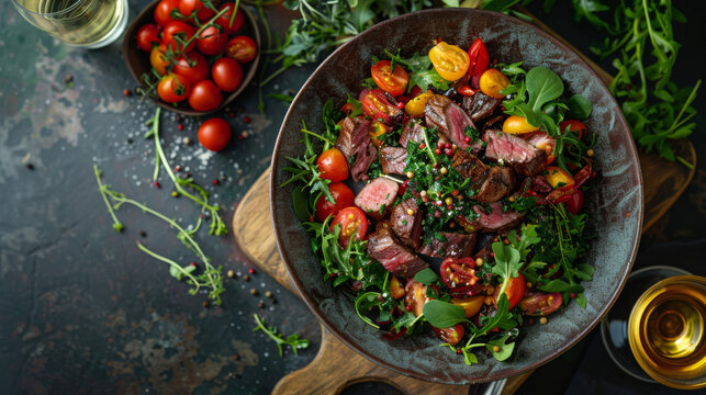 Close-up of a warm salad with arugula, tomato and juicy meat on a gray background. Food concept.