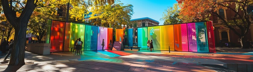 A pridethemed art installation in a public square with vibrant colors and interactive elements