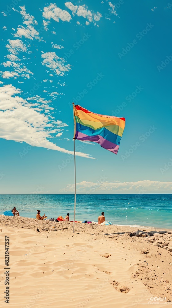 A serene beach scene with a rainbow flag planted in the sand and people enjoying a sunny day