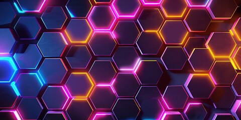 Abstract vibrant colorful neon hexagonal background. Honeycomb frame. Geometric shapes glowing edges. Circular art ornament. Pattern of hexagon fragments. Poster for technology, medicine, presentation