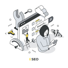 Isometric SEO illustration. Woman with mobile phone, browser behind her, and tiny man on ladder placing image in search results, emphasizing search engine optimization and online content management