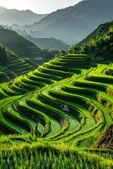 Poster - A picturesque view of green grass field with majestic mountains in the background. Perfect for nature and landscape concepts