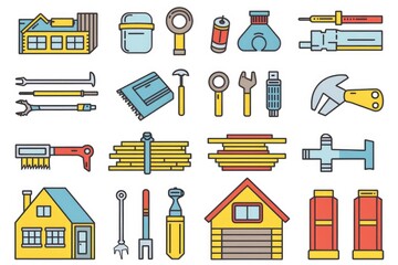 Poster - A collection of construction tools on a rustic wooden table. Perfect for construction or DIY projects