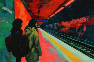 Poster - A painting of two individuals waiting for a train. Suitable for transportation-related projects