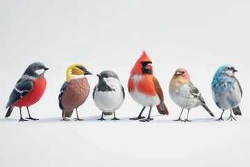 A group of colorful birds standing in a straight line. Ideal for nature or wildlife concepts