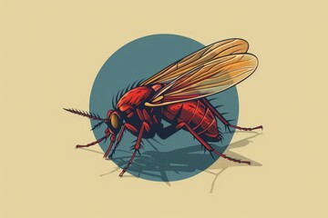 Poster - Close-up of a red fly insect on a vibrant yellow background. Ideal for nature and science-related projects