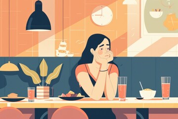 Poster - Woman sitting at a table with a plate of food. Suitable for food and lifestyle concepts