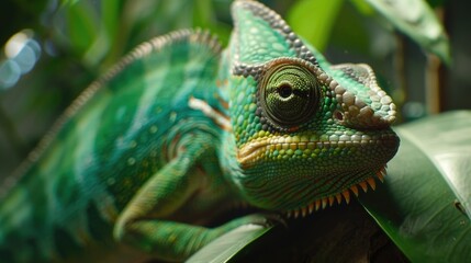 Poster - A close up of a chameleon on a leaf. Suitable for nature and animal themes