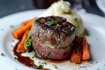 Poster - A white plate with a delicious assortment of meat and vegetables. Ideal for food blogs or restaurant menus