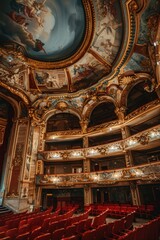 Poster - Interior of a theater with red seats and a painted ceiling. Suitable for entertainment or architectural concepts