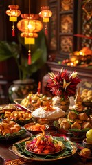 A vibrant scene of a traditional Thai new year celebration with tables set with various Thai dishes and festive decorations