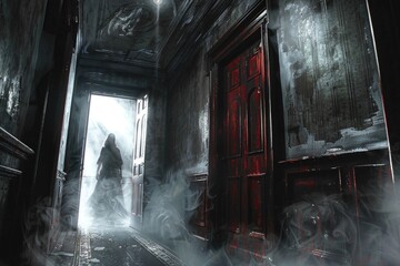 Poster - A ghostly figure standing in a dark hallway. Perfect for horror-themed designs