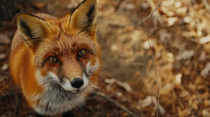 Poster - Close-up of a red fox looking directly at the camera. Suitable for various nature and wildlife themes