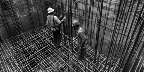Poster - Two men standing on top of a construction site. Can be used for construction industry concepts