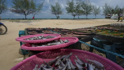 Wall Mural - Closeup of dry salted fish, seafood on pink plastic in Thailand